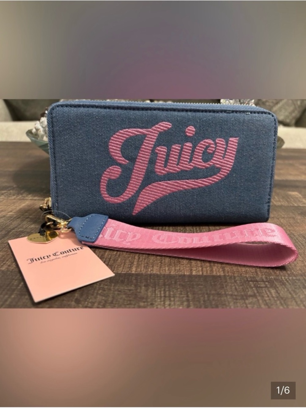 Juicy Couture Blue Wallet with Pink Logo and Strap
